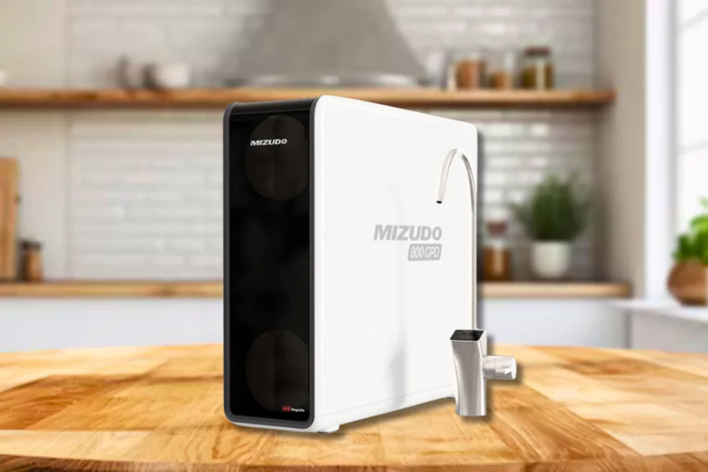 MIZUDO 9-stage tankless reverse osmosis water filter system with smart display faucet.