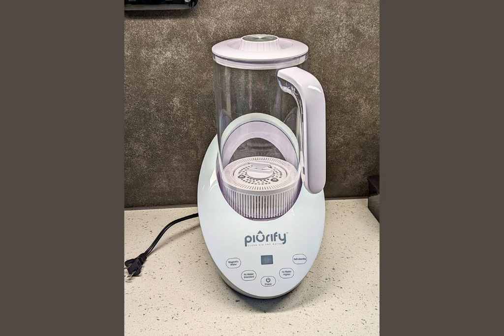 PIURIFY Hydrogen Water Pitcher on a kitchen countertop, showcasing its sleek design and advanced features for pure hydration.