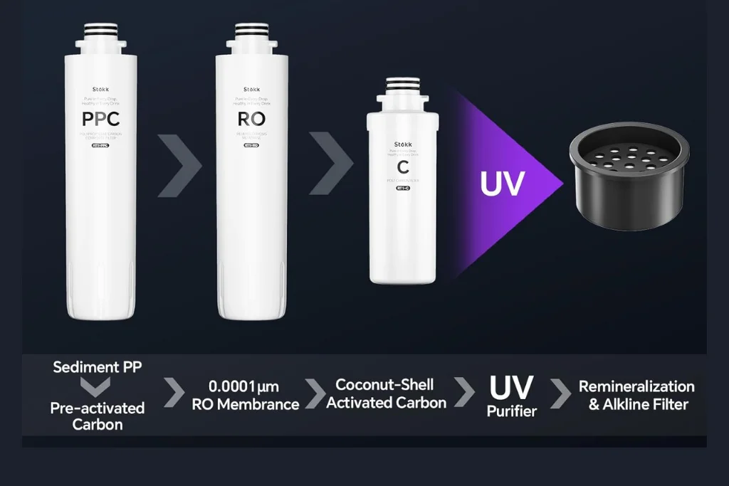 6-stage filtration process of Stokk T1 UV reverse osmosis system